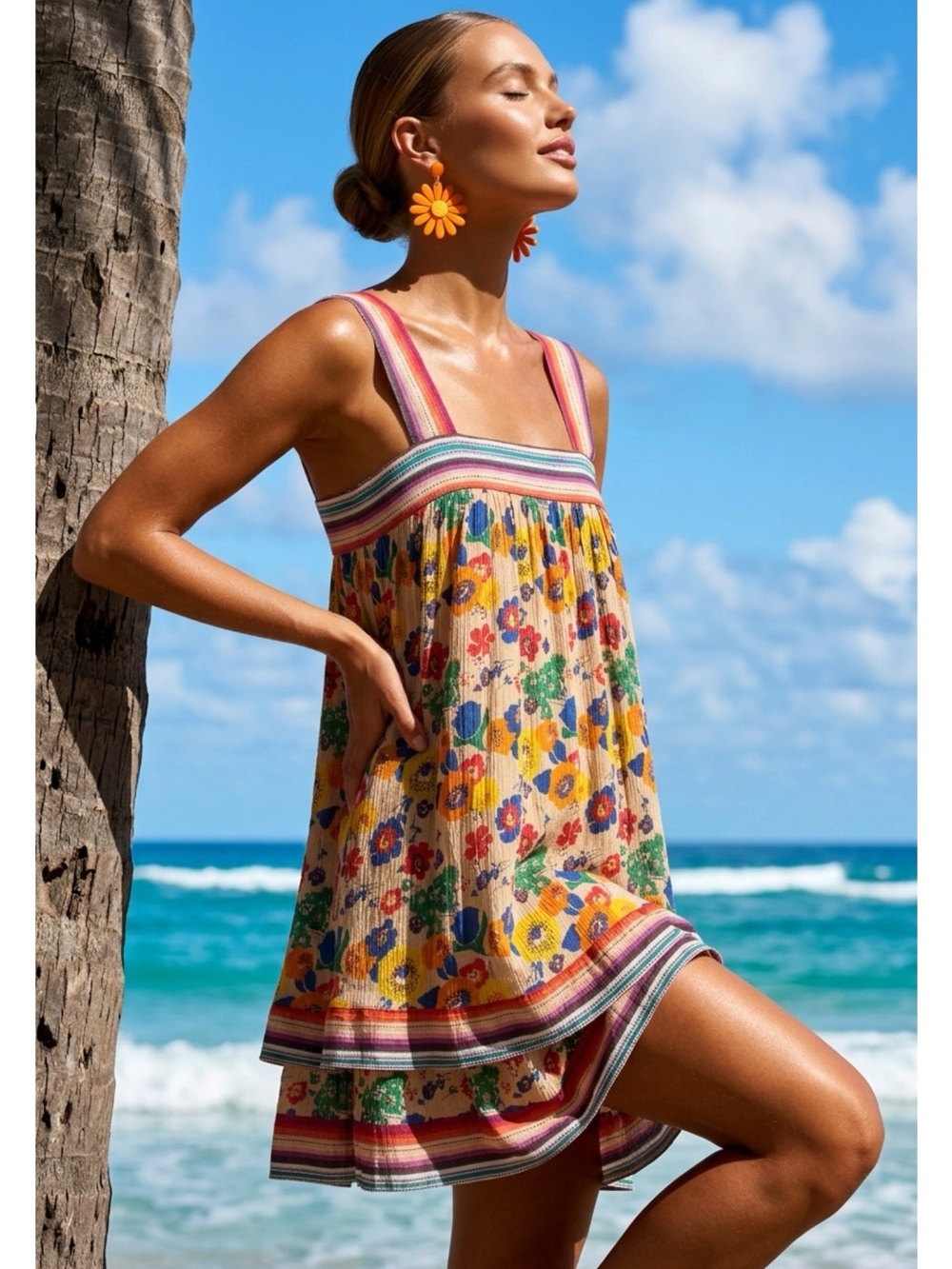 WARM NY Babydoll Floral Mini Dress Sz XS Tiered Smocked Back Cottage Boho